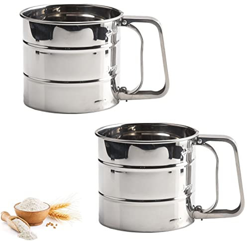 Einhand Mehlsieb Mehlsiebbecher Edelstahl Hand Backen Kuchen Shaker Sieb Sifter Einhandsieb Mehlsieb Edelstahl Mehlsieb mit Griff für Puderzuckersieb Tapiokamehl Kokosmehl Kuchenmehl （2 Stücke）