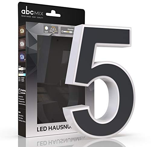 abcMIX LED Hausnummer, personalisierbare beleuchtete Hausnummer, Hausnummernleuchte mit LED - Hausnummer 5, Farbe ANTHRAZIT, Lichtfarbeneinstellung, Dimmbarkeit