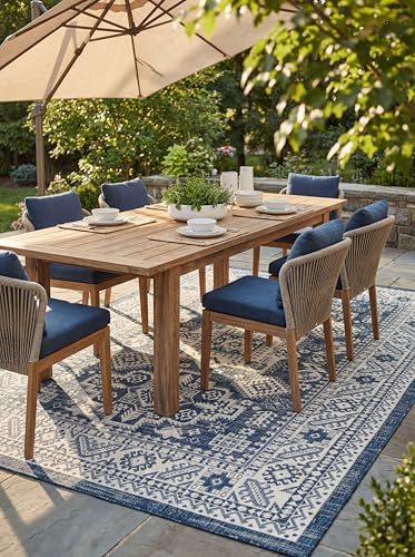 Rugs.com Outdoor Aztec Collection Rug – 4' x 6' Blue Flatweave Rug Perfect for Living Rooms, Large Dining Rooms, Open Floorplans