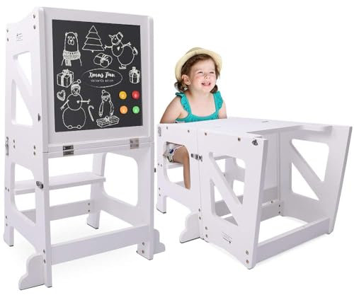 YOLEO 3 in1 Lernturm Kinder, Klappbar Montessori Lernturm ab 1 Jahr, Learning Tower für Kinder mit Rausfallschutz, mit doppelseitiger magnetischer Tafel, Küchen-/Badezimmerhelfer (Weiß)