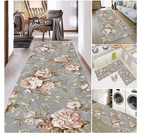 küchenläufer 60x180 Teppich Kurzflor 3D Blumenmuster Flur Teppich Läufer Korridor Teppichläufer rutschfest Läufer Flur Küche, KüChen Läufer Teppich Läufer Waschbar Für Schlafzimmer, ,Grau,60x180CM