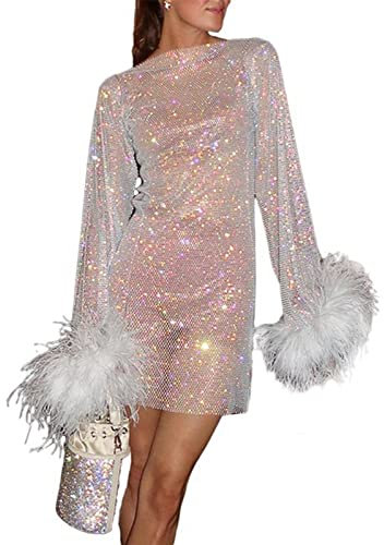 enheng Vestido Transparente de Malla con puños de Plumas para Mujer, Minivestido de Club Nocturno de Rejilla Sexy, Traje de baño de Malla, Vestido de Playa para Cubrir