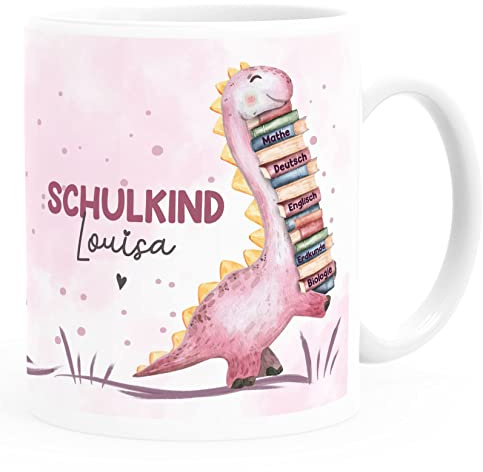 SpecialMe® Tasse Schulkind Dino Geschenk Einschulung personalisiert mit Namen Kindertasse aus Keramik für Jungen Mädchen Weiss standard