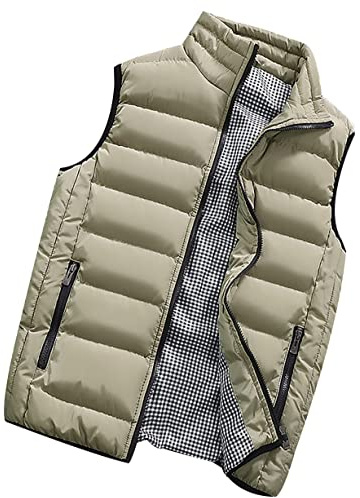 Giubbino Smanicato Uomo Gilet Uomo Imbottito Invernale Giubbotto Giacca Smanicato Gilet Imbottiti Uomo Invernali Senza Maniche Gilet Trapuntato Puffer Casual Cerniera Caldo Uomo Taglie Forti Cachi 5XL