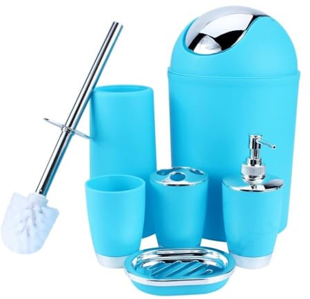 Set di accessori da bagno da 6 pezzi, kit organizer da toeletta, set da bagno, kit include portaspazzolino, cestino, portasapone, dispenser, tazza, scopino (blu)