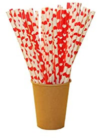 Trinkhalme Papier Einweg-Strohhalme mit Knick Herzen rot weiss - 24 cm (100 Stück)