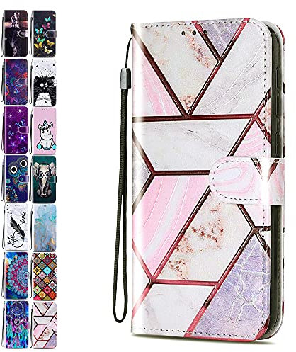 Lederhülle für iPhone X XS Hülle Muster Marmor Gitter Handyhülle Flip Case Cover Schutzhülle mit Kartenfach Handytasche für Mädchen Damen