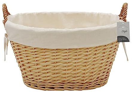 JVL Hand Woven Acacia Oval Laundry Willow Storage Basket with Lining, Honey Finish