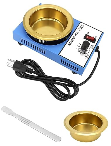 QWORK Solder Pot, 300W 110V, 100mm Soldering Bath Titanium Plate, Capacity 1500g 200-450°c,Include Extra 100mm pot& Solder Paste Scraper for Welding and Soldering Bath