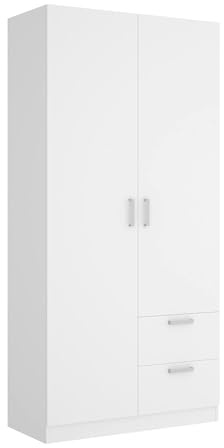 Dmora - Garde-Robe 2 Portes Velino, Cintre pour Chambre, Armoire 2 tiroirs, 100x52h215 cm, Blanc