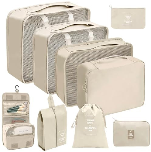 YESLUSY 9 Teilige Koffer Organizer Set für Urlaub und Reisen, Packing Cubes, Travel Organizer, Packwürfel, Kleidertaschen, Koffer Organizer für Urlaub und Reisen - Beige, XLSND-9
