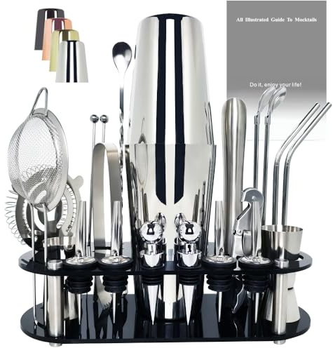 Juego de coctelera de 22 piezas, kit de camarero de 25/20 onzas, juegos de herramientas de bar de acero inoxidable para mezclar bebidas, coctelera Boston con soporte folleto de recetas (plateado de 25