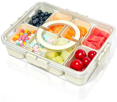 HRXFOZ Divided Serving Tray with Lid and Handle,8 Compartments Snacks Box,Snack Fruit and Veggie Tray,Portable Platter for Candy Fruits Nuts Snack Party Entertaining Picnic (1 PCS)