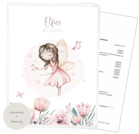 Zeugnismappe für DIN A4 Elfe | 𝗣𝗘𝗥𝗦𝗢𝗡𝗔𝗟𝗜𝗦𝗜𝗘𝗥𝗧 | 20 Klarsichthüllen 𝗔𝗨𝗙𝗕𝗘𝗪𝗔𝗛𝗥𝗨𝗡𝗚 und 𝗦𝗖𝗛𝗨𝗧𝗭 von 𝗭𝗘𝗨𝗚𝗡𝗜𝗦𝗦𝗘𝗡 | Schule (braune Haare, Basic (Druck auf DIN A4))