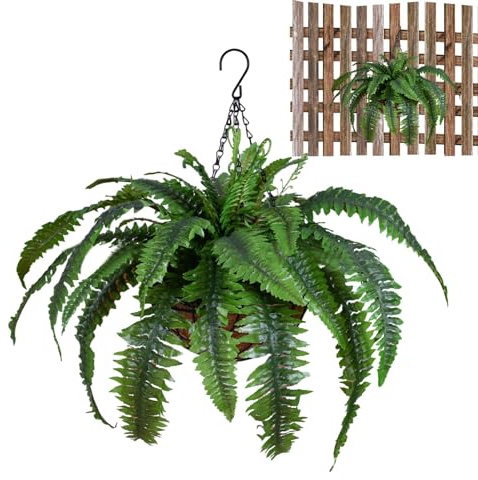 Plantas artificiales de helechos sintéticos, cesta colgante para exteriores, helechos de algas marinas falsas, cesta grande de helechos falsos para exteriores, para interiores, jardín, porche