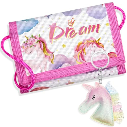 Hestya Portafoglio per Bambini e Ragazzi Portafoglio da Collo a Tre Scomparti con Diverse Fantasie Portamonete da Viaggio con Cordino e Portachiavi Regalo di Compleanno(Unicorno)