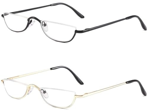 KoKoBin 2 Paar Halbmond-Brille, Lesebrille, schmal, halbes Gestell aus Metall, Frühling, Scharniere für Damen und Herren