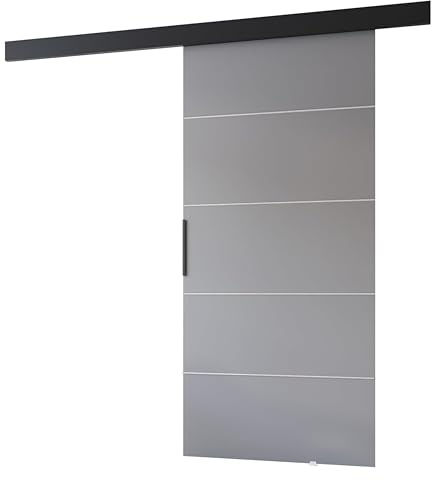 MINIO go for it - Schiebetüren 86 cm, Schiebetür Zimmertür PRIM B, Schiebetürsystem für Zimmer, Dekorative Streifen, Wandmontage, Türe Innen - Silber/Schwarzer Griff, Grau/Schwarz