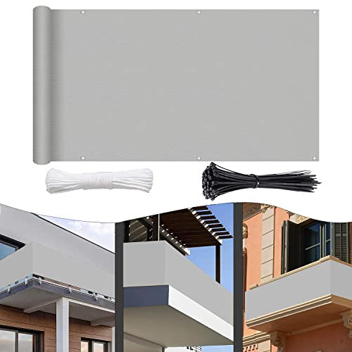 Balkon-Windschutz, 75 x 630 cm, blickdichter Balkon-Sichtschutz, 220 g/m², mit Ösen, Nylon-Kabelbinder und Kordel für Garten, Camping und Freizeit, hellgrau