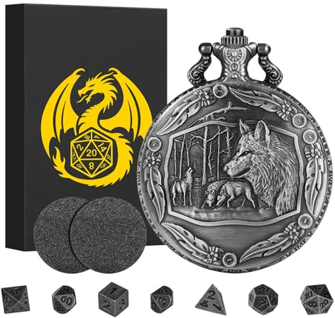 Mini juego de dados DND con funda de reloj de bolsillo Steampunk Wolf, juego de 7 dados de metal poliédrico, regalos DND con caja de regalo para jugadores, accesorios de juegos de mesa, plata oscura