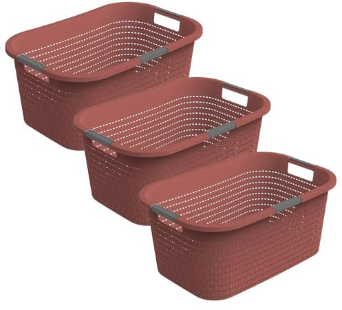 Rotho Country 3er-Set Wäschekorb 40l, Kunststoff (PP) BPA-frei, rot, 40l (58.0 x 38.9 x 25.1 cm)