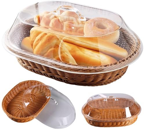 Cesto di pane cesto di pane a forma di ovale con polvere di cesti di vimini a base di coperchio trasparente cestini alimentari per servire ＆ Visualizzazione del ristorante di frutta verdure, cucina,