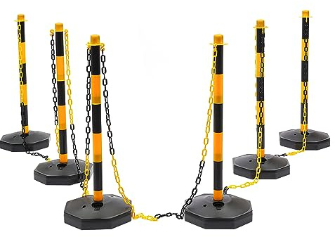 MEHOOSPVN 6 Stück Absperrpfosten Kettenpfosten, mit 5 Ketten, Abgrenzungsständer Absperrständer Absperrung, Personenleitsystem Gelber Kunststoffpoller Assorted Sets Freistehende Sicherheitspoller