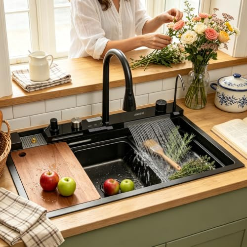 Fregadero Cocina 75x45 Negro Acero Inoxidable, Kit Fregadero Cascada con Grifo Integrado, Monoseno Inteligente con Lava Vasos, Dosificador Jabón, Tabla Cortar, Escurridor, Sifón y Kit Desagüe Completo