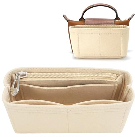 Amexo Mini Organiseur de Sac en Feutre pour Longcham, Beige - Sac à Main Petite, Fourre-tout, Poche Intérieure Léger (Fermeture éclair)