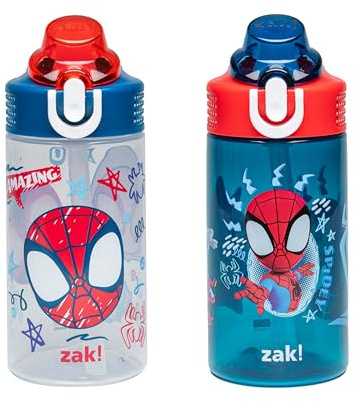 Zak Designs Marvel Spider-Man Sage Kids Water Bottle For School or Travel, 16oz Durable Plastic Water Bottle With Straw, Handle, and Leak-Proof Spout Cover, 2-Pack (Spidey and His Amazing Friends)
