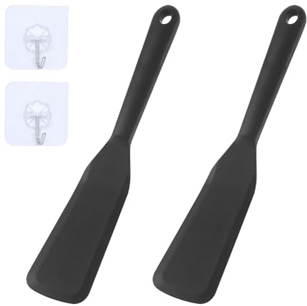 Spatula - Spatola in silicone, 2 pezzi, antiaderente, in silicone, resistente al calore, per cucinare pesce, pancake, uova, pizza, bistecca, senza BPA (nero) con 2 ganci