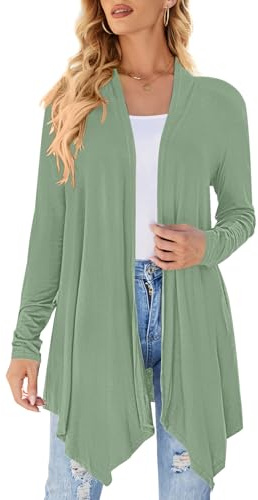 Cardigan da donna drappeggiato aperto sul davanti casual a maniche lunghe leggero cardigan maglioni spolverino, Verde salvia., Medium