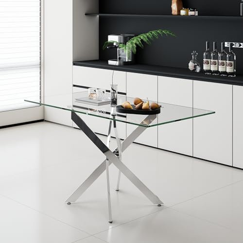 AOYA Table à Manger en Verre, Table de Cuisine 4 Personnes, Base Chromée Croisée, Argenté 110 x 70 x 75 cm (Argent)