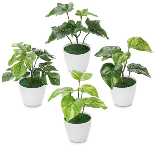 FOREST PRINCE 4er Set Kunstpflanze Kleine, Mini Künstliche Grün Topfpflanze Plastik Pflanzen wie Echt mit Töpfen für Dekorativ Wohnzimmer Schlafzimmer Küche Badezimmer Deko
