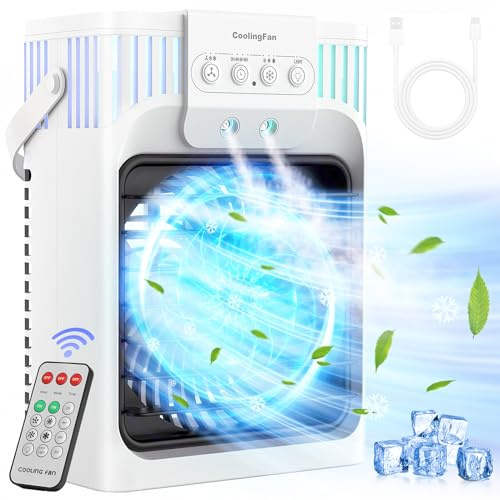 FZBPI Portable Air Conditioner Fan with Remote Control, Quiet with 3 Speeds, 1200ml Personal Evaporative Air Fan with 3 Mist, 7 Night Light, 8H Timer