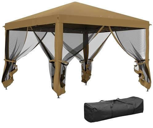 Outsunny 3 x 3 m Pop Up Gazebo, 420D Garden Tent Canopy with Removable Mesh Sidewall Netting, Carry Bag for Garden Patio Outdoor, Khaki