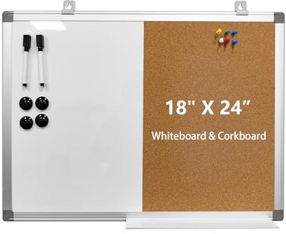 Combination Writeboard 24x 18 Magnetic Whiteboard & Cork Board Aluminium Frame Dry Erase Board Bulletin Board Wall Mounted Memo Message