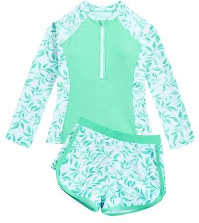 JiAmy Girl Swimsuits with Shorts, Two Piece Girls Swimming Costume,Long Sleeve Kids Swimwear Zip Rash Guard Bathing Suit Light Green 8-9 Years