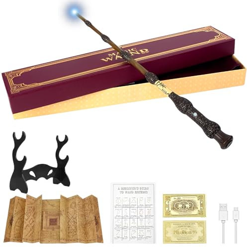 SGZIOO Zauberstab, 35cm Zauberstab mit Licht, USB Aufladung Elderstab, Magic Wand in Geschenkbox mit Landkarte, Zauberspruch Karte, Fahrkarte und Zauberstabhalter, für Halloween, Karneval, Cosplay (A)