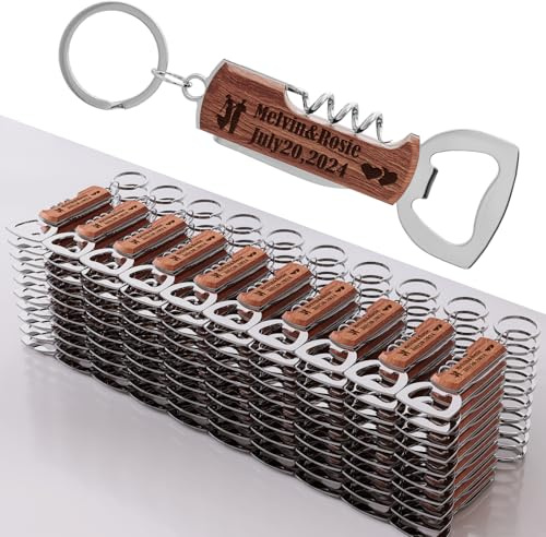 100 pezzi Apribottiglie in legno di palissandro multifunzionale personalizzato per festa di matrimonio, bomboniere per ospiti, regali personalizzati per feste di compleanno, portachiavi apribottiglie
