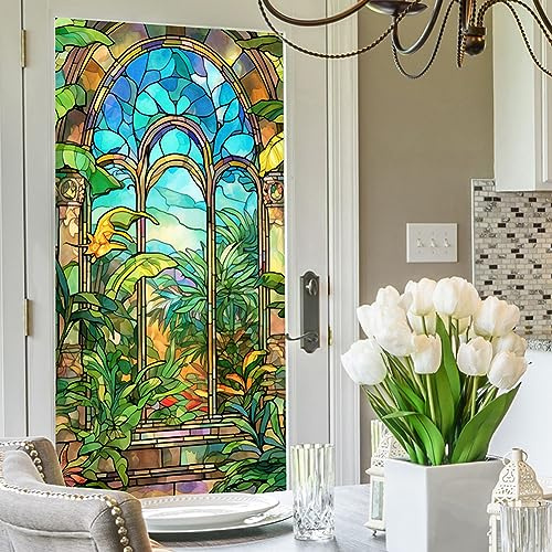 Fensterfolie, Blickdicht Selbsthaftende Sichtschuzfolie, 60 x 100 cm Bunt Statische Folie, Keine Klebeverbindung 3D Regenbogen Folie Fenster, Anti-UV Regenbogen Optik mit Pflanzen und Blumen Motiv