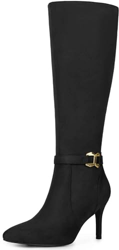 Allegra K Bottes hautes à talon aiguille et bout pointu pour femme, avec boucle et fermeture éclair latérale Noir 39