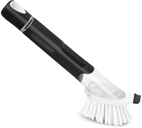 AMFUN Brosse à Vaisselle avec Distributrice de Liquide, Brosse pour Vaisselle avec Réservoir de Détergent et Manche pour Cuisine Nettoyage Casserole Poêle Évier (Noir)