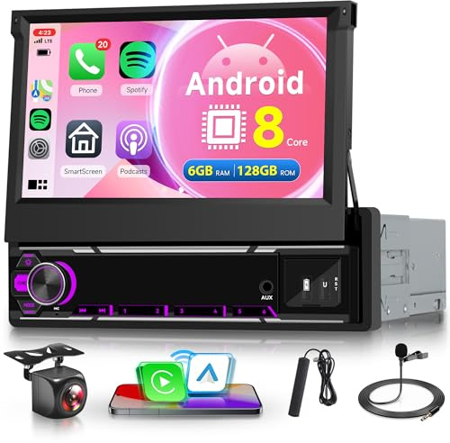 8 Core 6G+128G Wireless Carplay Android Autoradio 1 Din con Android Auto 4G SIM WiFi BDS GPS Navi 7 Pollici Retrattile Touchscreen Autoradio Mirror Link Bluetooth FM/RDS DSP SWC Telecamera Posteriore