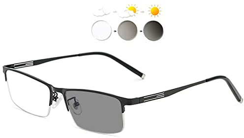 KOOSUFA Selbsttönende Lesebrille Herren Damen Halbrandbrille Metallrahmen | Business-Stil, Photochrome Sonnenbrille, UV-Schutz, Rechteckiger, Silikon Pad, Outdoor Lesehilfe, 0.0 1.0 1.5 2.0 2.5 3.0 3.5
