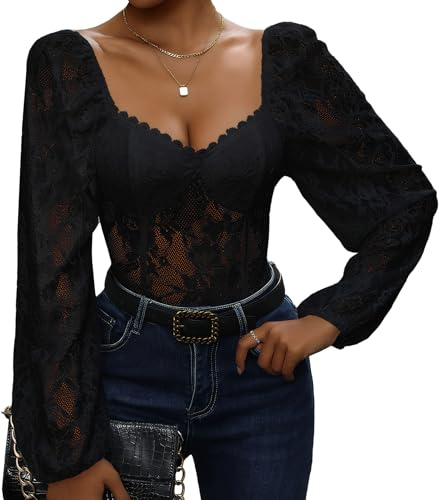 AIEOE Dam spetsbody med fyrkantig urringning och ballongärmar, elegant långärmad bodysuit med bygelkupa, sexig, transparent underkläder, fest, klubbkläder, svart, vit, S–XL, svart, S