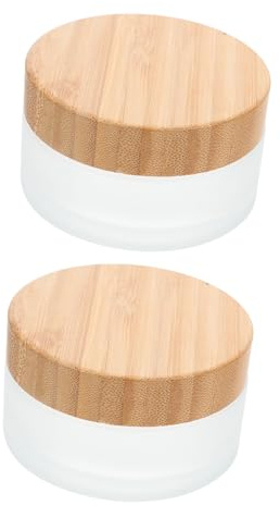 DECORNIJIA 2pcs 100ml Frosted Glass Cosmetic Jars with Sealed Bamboo Wood Lids, Refillable Face Cream and Body Butter Containers for Skincare and Travel Storage