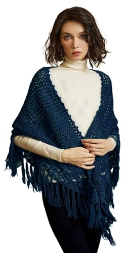 BEAUTELICATE Damen Gestricker Schal Stola Dreiecksschal Warm Hohl Stricken Cape Cardigan Elegantz Dreieckstuch Umschlagtüch mit Fransen für Herbst Winter Frühling
