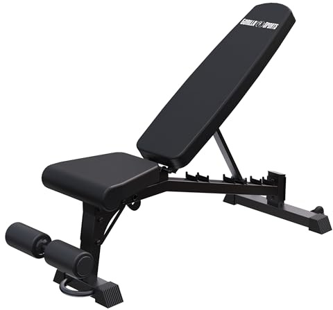 GORILLA SPORTS® Hantelbank verstellbar, bis 400 kg, Stahl, Schwarz | Mit Flach-, Schräg- und Negativwinkel, Fußstütze, Transportrollen und Griff; Trainingsbank, Fitnessbank fürs Home Gym