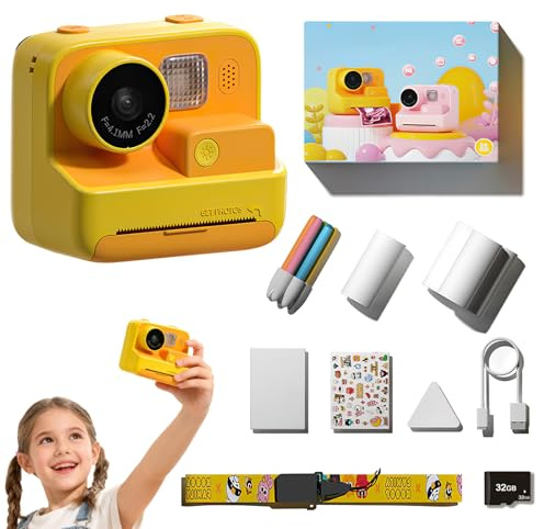 Kids Instant Print Camera, 48MP Dual Lens Children's Digital Camera with Thermal Printing, 32GB TF Card & 4 Print Rolls for Kids 3-12, Creative Camera Gift for Kids (Yellow)